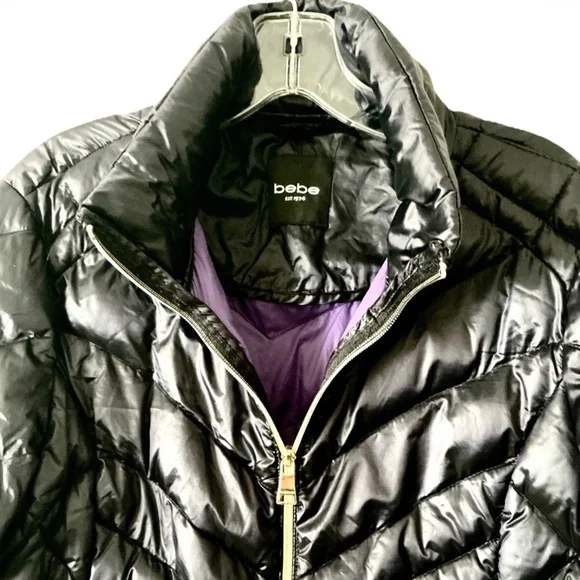 Black Puffer Jacket Full Zip W Hidden Hood Sz Lg - Picture 3 of 6